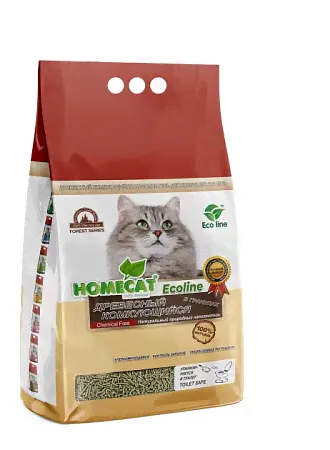 Homecat "Эколайн" древесный комкующийся наполнитель для кошачьих туалетов